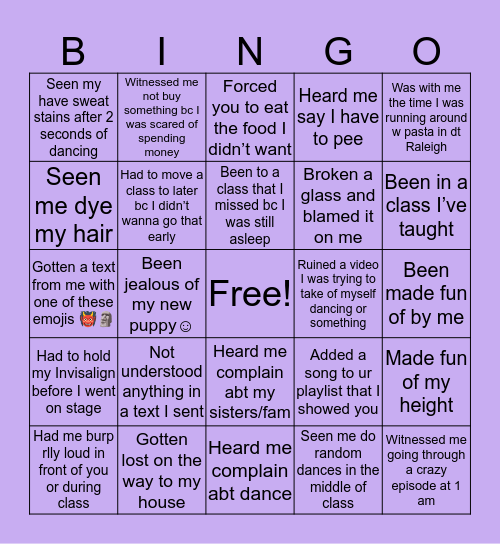 Ella’s Bingo Card