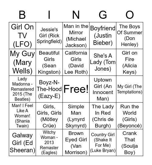 Girls Vs Boys Bingo Card