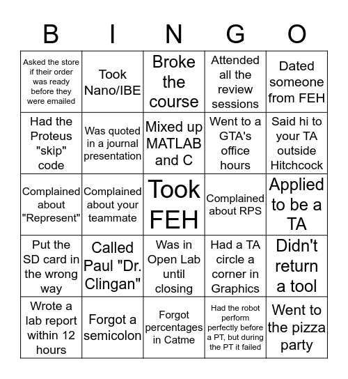 FEH Student Bingo Card