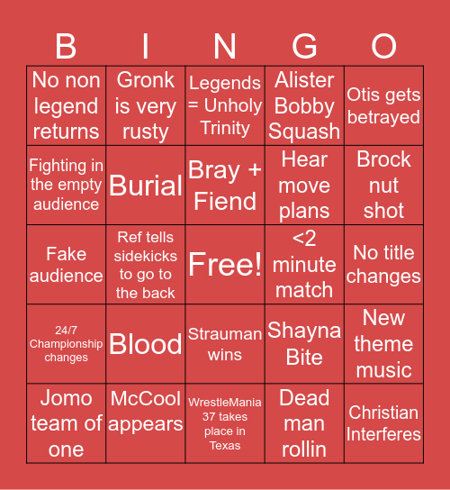 WrestleMania 36 Bingo Card