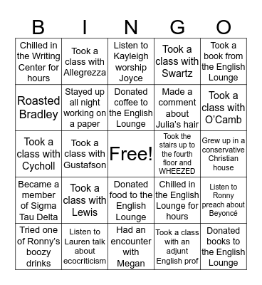 English Department Bingo Card