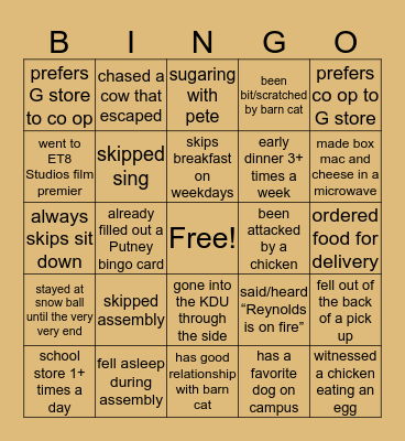 PUTNEY BINGO V2 Bingo Card