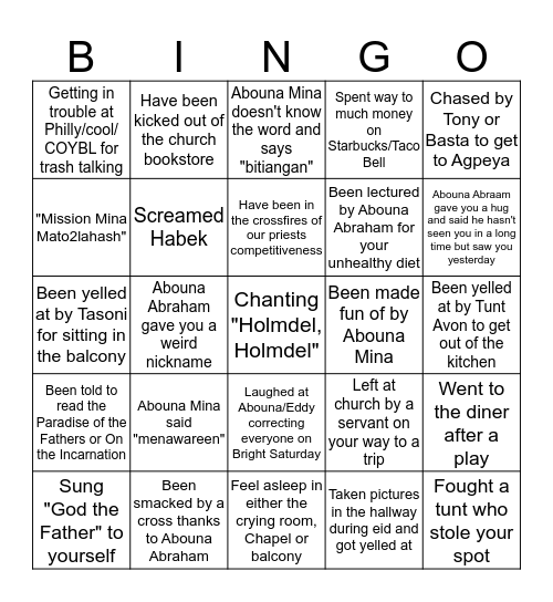 Holmdel Coptic Orthodox Church Bingo Card