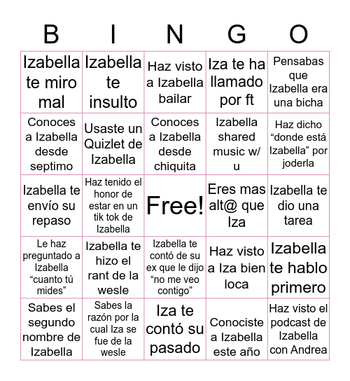 Izabella’s Bingo Card