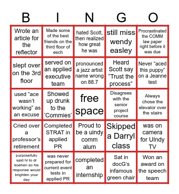 UINDY COMM DEPARTMENT Bingo Card