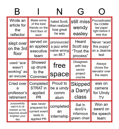 UINDY COMM DEPARTMENT Bingo Card