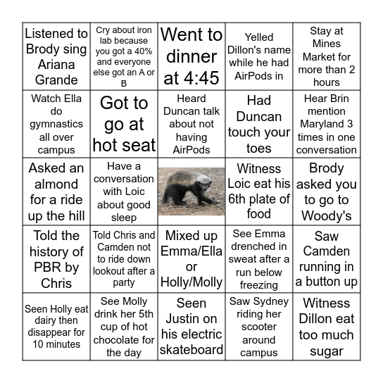 Heart Crushing Honey Badger Bingo Card