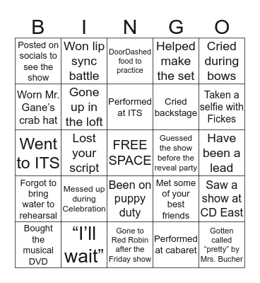 PHS Musical Bingo Card