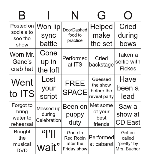PHS Musical Bingo Card
