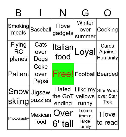 Craig's Bingo Card