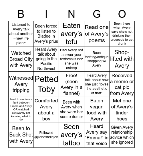 Being Avery’s Friend Bingo Card