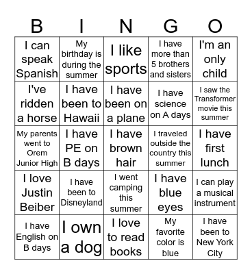 Get to Know Your Classmates Bingo Card