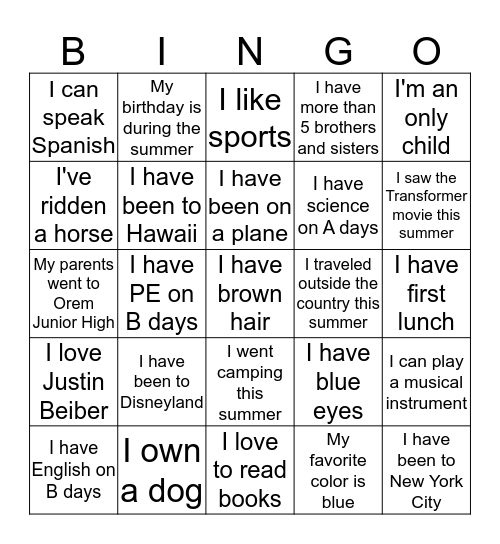 Get to Know Your Classmates Bingo Card