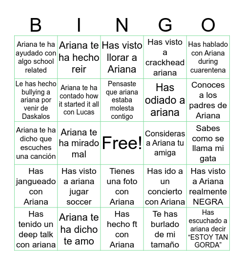 Ariana’s Bingo Card