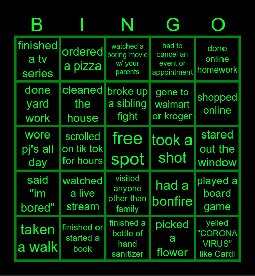 Q U A R A N T I N E Bingo Card