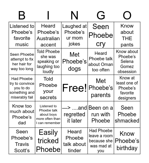 Being friends with Phoebe Bingo Card