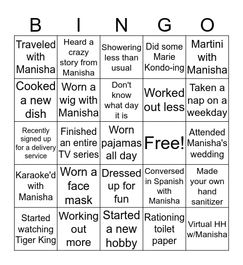 Manisha's Birthday Bash - Lockdown edition Bingo Card