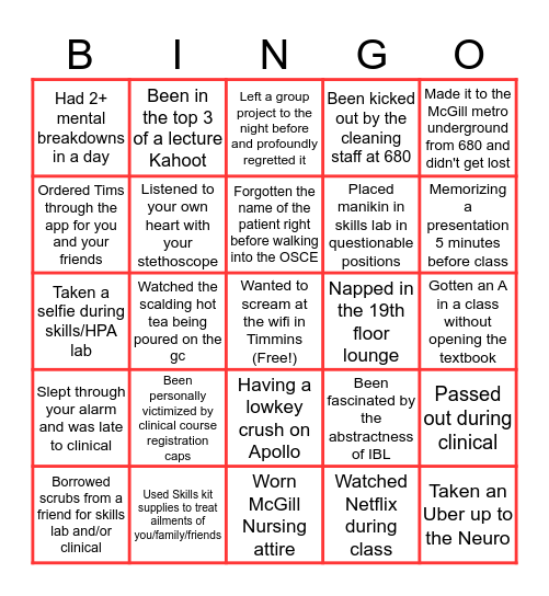 McGill Nursing Bingo Card