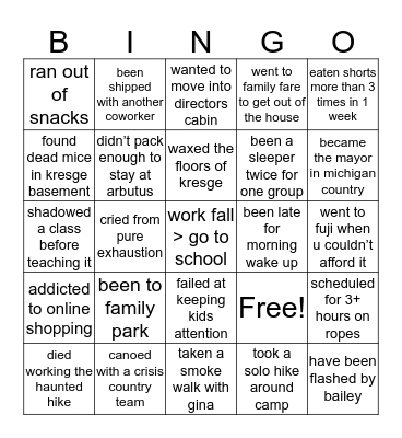 Fall 2019 Staff Bingo Card
