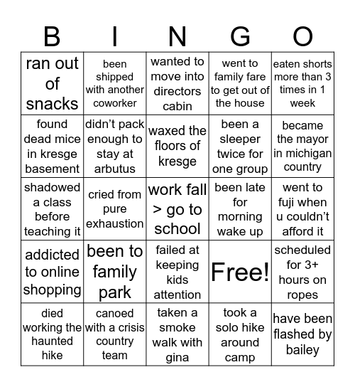 Fall 2019 Staff Bingo Card