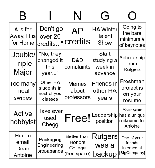 Honors Academy Bingo Card