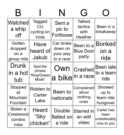 CU Cycling Team Bingo Card