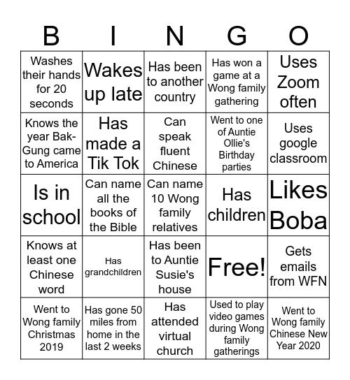 Wong Family Bingo Card