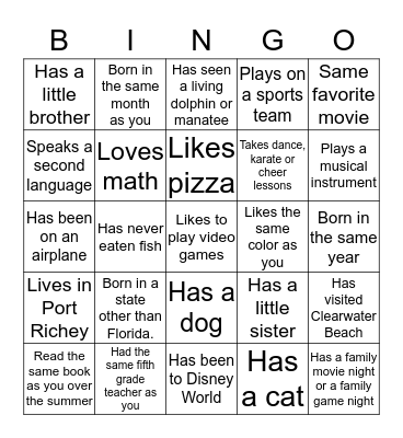 Getting to Know Your Classmates Bingo Card