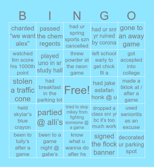 senior class of ‘20 bingo Card