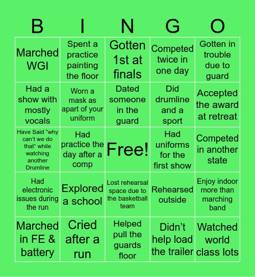 Indoor drumline bingo! Bingo Card