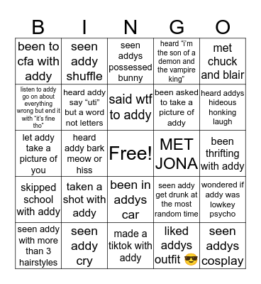 being friends with addy Bingo Card
