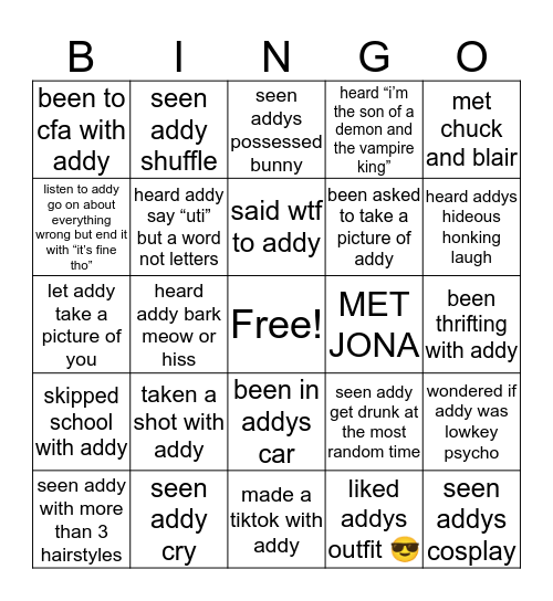 being friends with addy Bingo Card