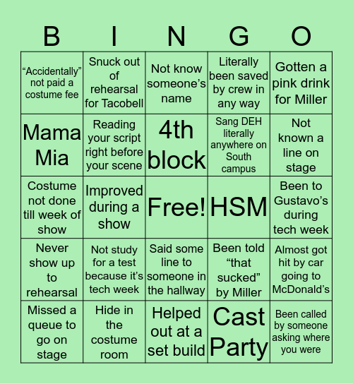 SOHS Drama Bingo Card