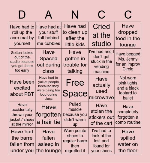 City Dance Center Bingo Card Bingo Card