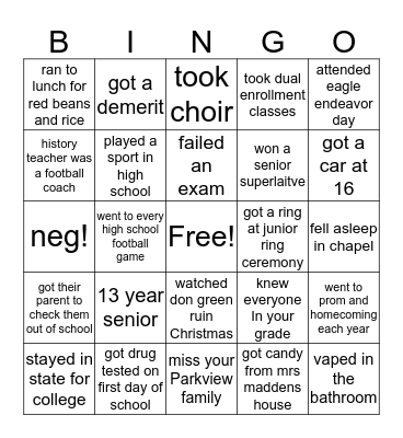 parkview baptist bingo Card