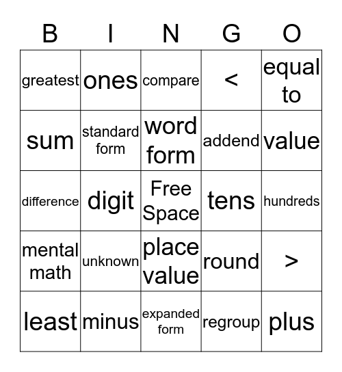 MATH WORD BINGO Card