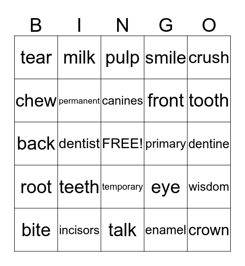 Healthy Teeth Bingo Card