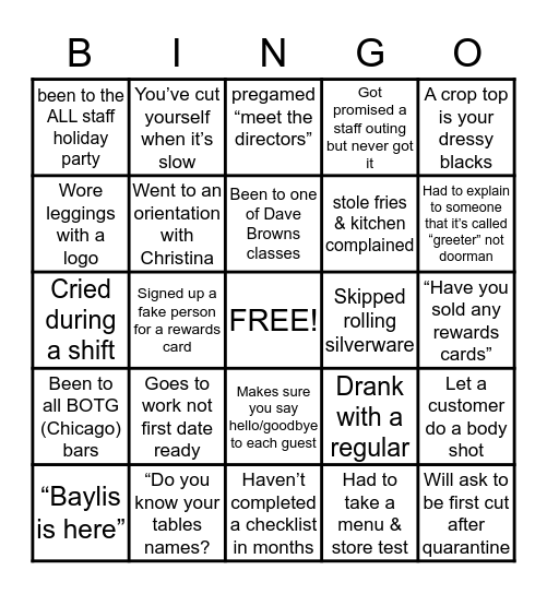 Big Onion Tavern Bingo Card