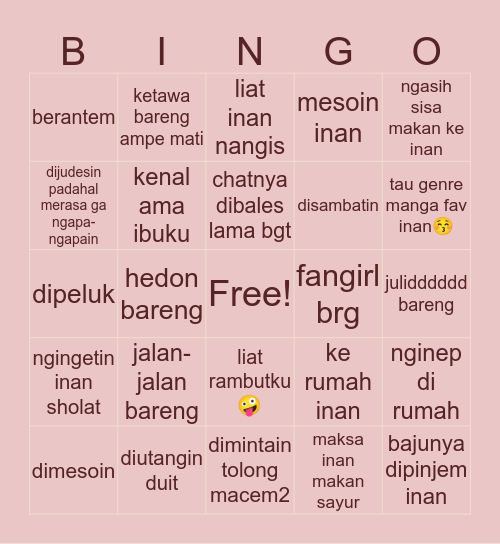 ‘kalo temen inan bisa’ bingo Card