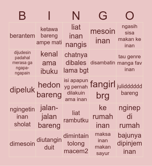 ‘kalo temen inan bisa’ bingo Card