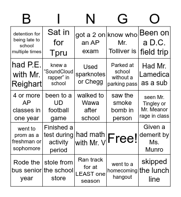NCHS Edition Bingo Card
