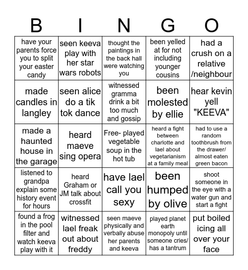 O'Brien family bingo Card