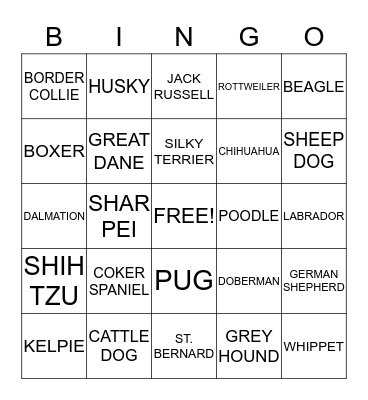DOG BREEDS Bingo Card