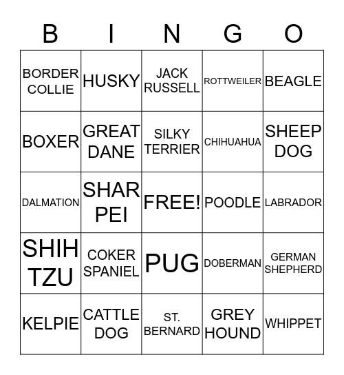 DOG BREEDS Bingo Card
