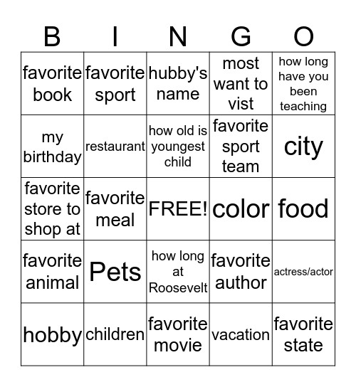 Mrs. Williams Bingo Card