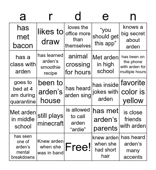 Arden’s Bingo! Bingo Card