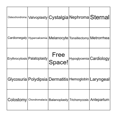 Medical Terminology Bingo Card