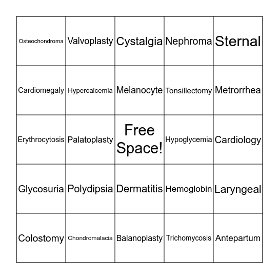 Medical Terminology Bingo Card