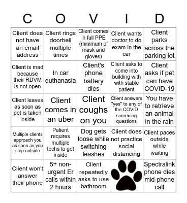 Veterinary COVID-19 Bingo Card