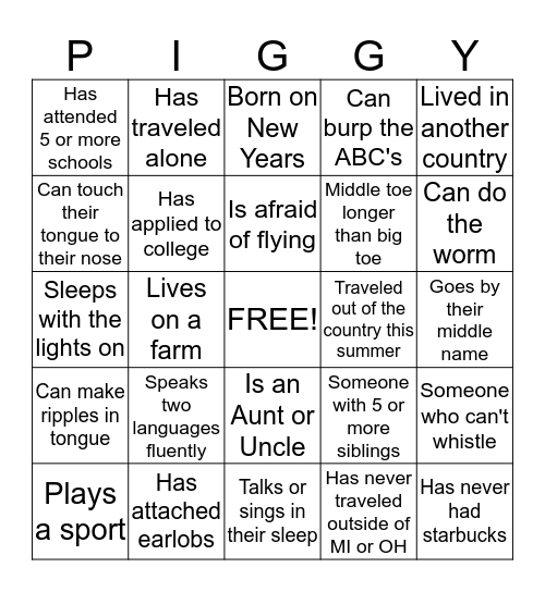 Ambassador's  Bingo Card